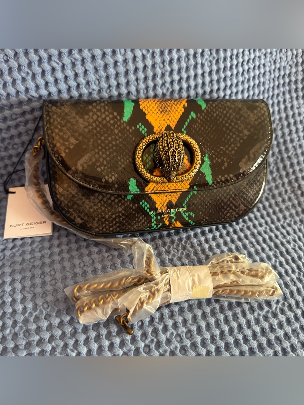 Kurt Geiger Black Snake-Print Crossbody with Green & Yellow Accents